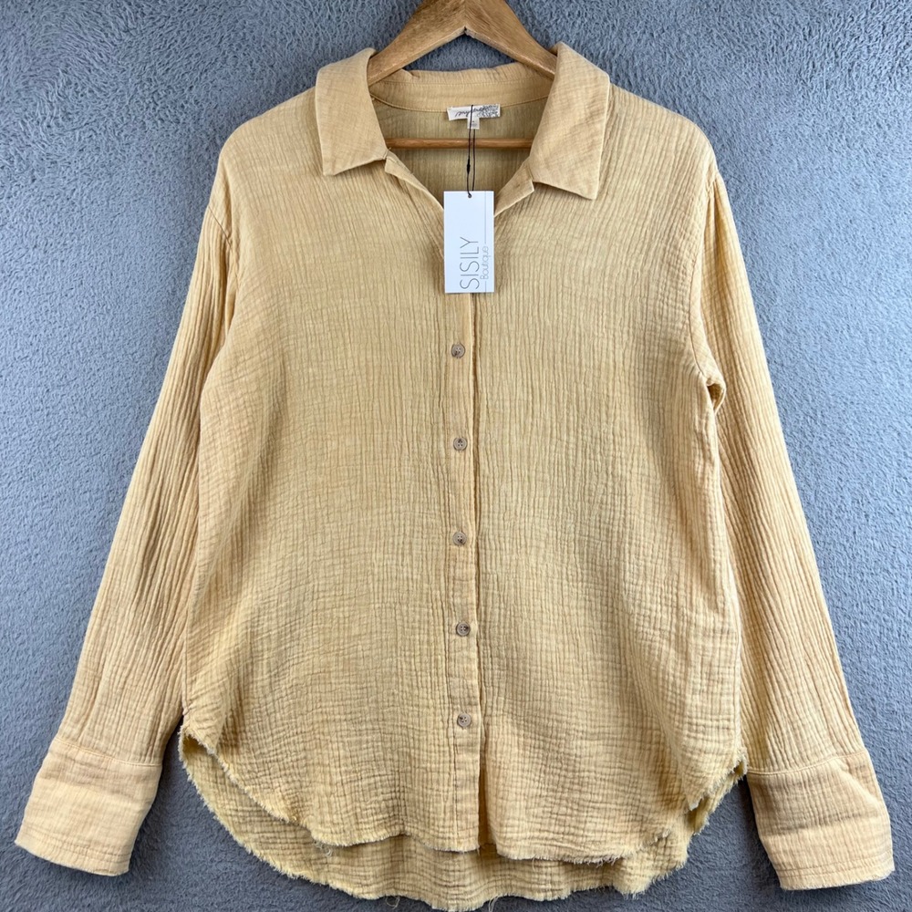 Mystree Cotton Gauze Frayed Hem Button Down Shirt Mustard Yellow 60578 Size M